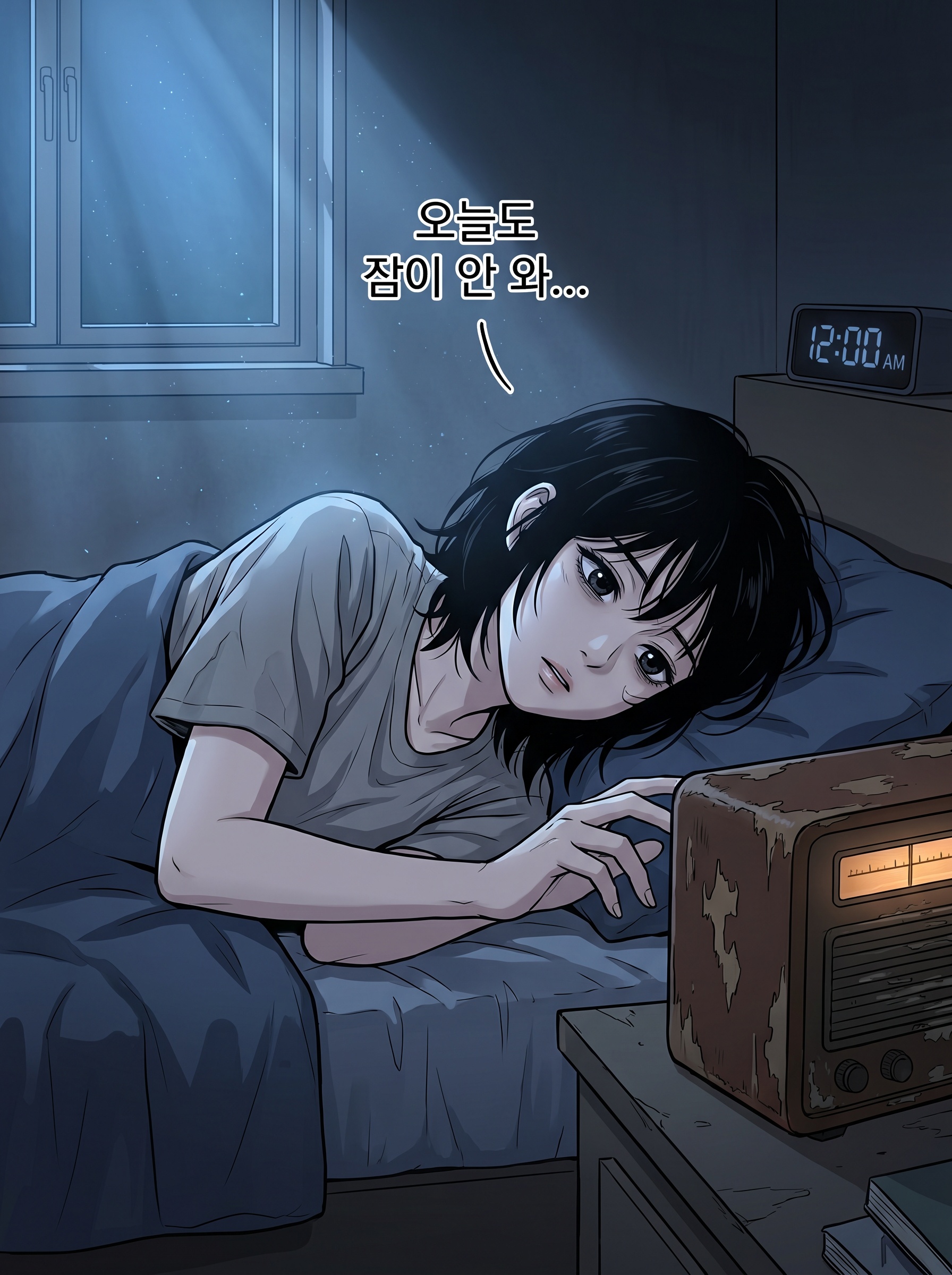 失眠的女孩拧开旧收音机