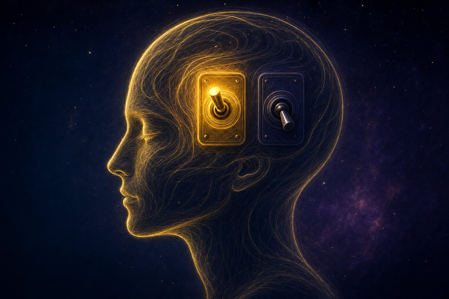 一个大脑形状里两个方向相反的开关，一边亮一边暗的抽象示意（AI 生成）